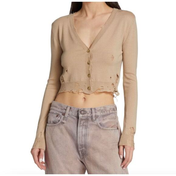 R13 Distressed Baby Cropped 100% Merino Wool Cardigan In Tan New Size XS - Picture 9 of 9